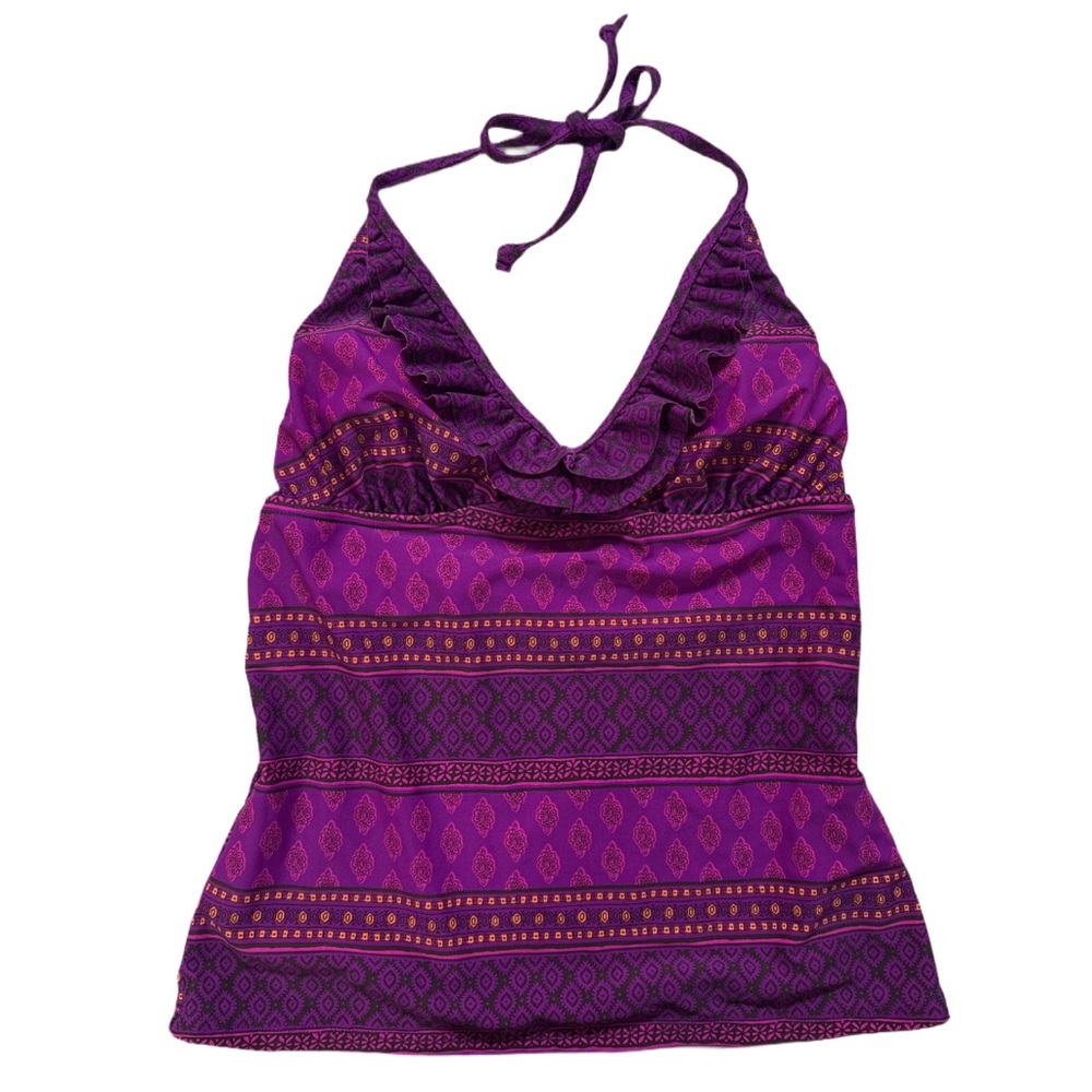 '12 OLD NAVY women's purple + orange ruffled v-neck tankini swim top, S.